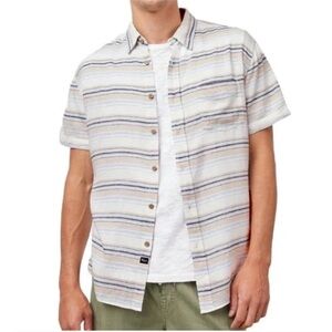 Rails Men’s Short Sleeve Button-Down Shirt in Cream, Blue & Tan Stripes